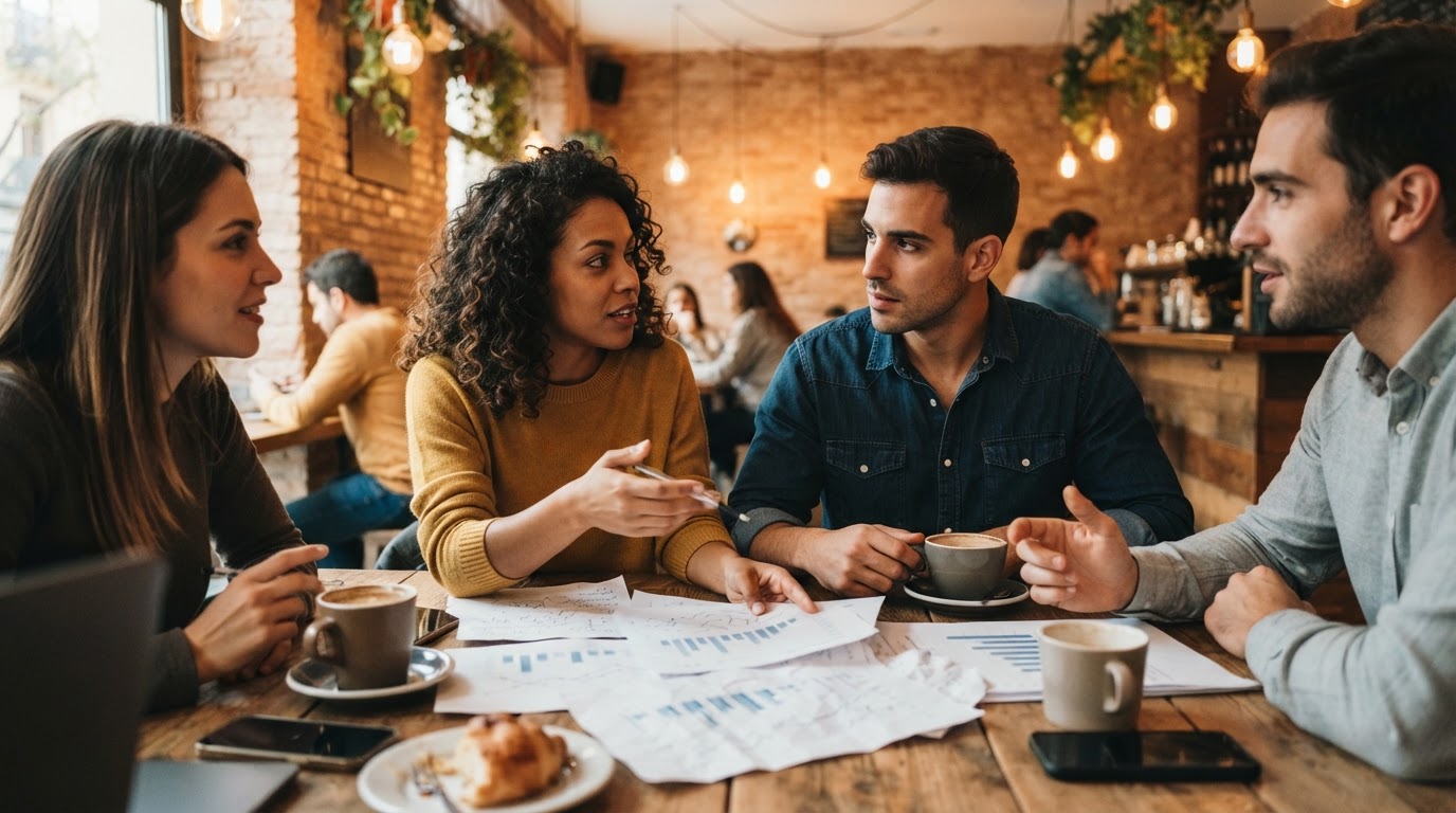 Cuatro personas conversan en una cafetería sobre papeles con gráficos de barras sobre la mesa