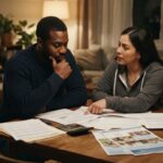 Una pareja revisa facturas y papeles con una calculadora sobre la mesa del comedor