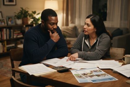 Una pareja revisa facturas y papeles con una calculadora sobre la mesa del comedor