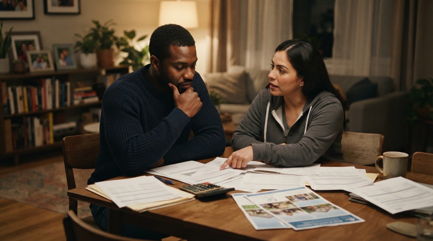 Una pareja revisa facturas y papeles con una calculadora sobre la mesa del comedor