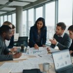 Un equipo de cinco personas analiza gráficos y planos sobre una mesa en una oficina con ventanales