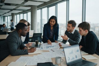 Un equipo de cinco personas analiza gráficos y planos sobre una mesa en una oficina con ventanales