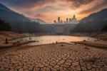 Embalse hidroeléctrico colombiano con nivel de agua bajo, riesgo energético para la inversión inmobiliaria