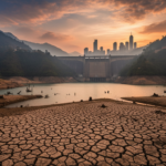 Embalse hidroeléctrico colombiano con nivel de agua bajo, riesgo energético para la inversión inmobiliaria