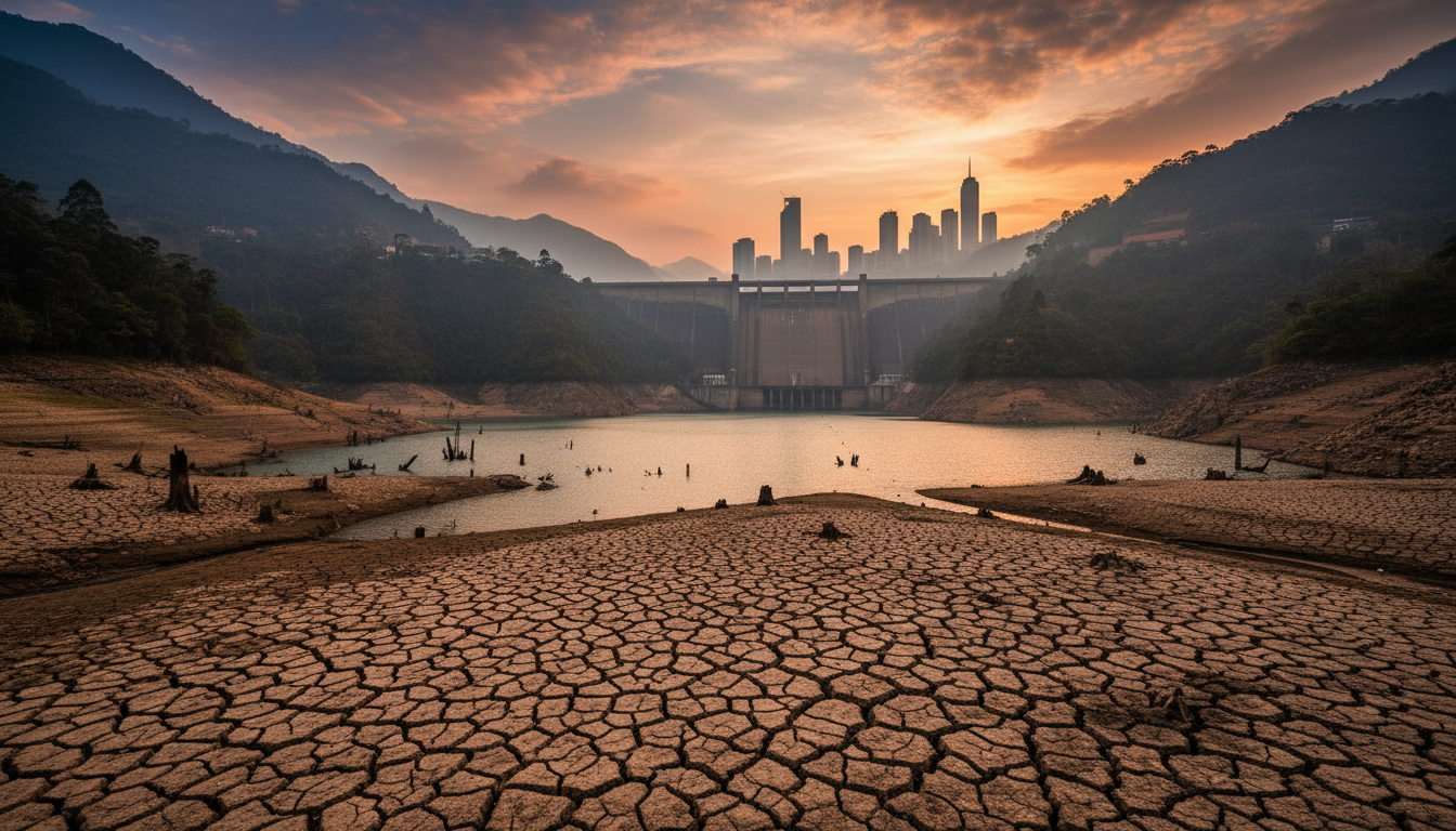 Embalse hidroeléctrico colombiano con nivel de agua bajo, riesgo energético para la inversión inmobiliaria