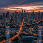 Skyline de ciudad latinoamericana al atardecer con líneas de transmisión eléctrica, estabilidad energética e inversión inmobiliaria
