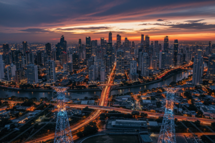 Skyline de ciudad latinoamericana al atardecer con líneas de transmisión eléctrica, estabilidad energética e inversión inmobiliaria