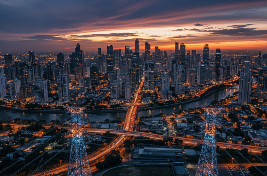 Skyline de ciudad latinoamericana al atardecer con líneas de transmisión eléctrica, estabilidad energética e inversión inmobiliaria
