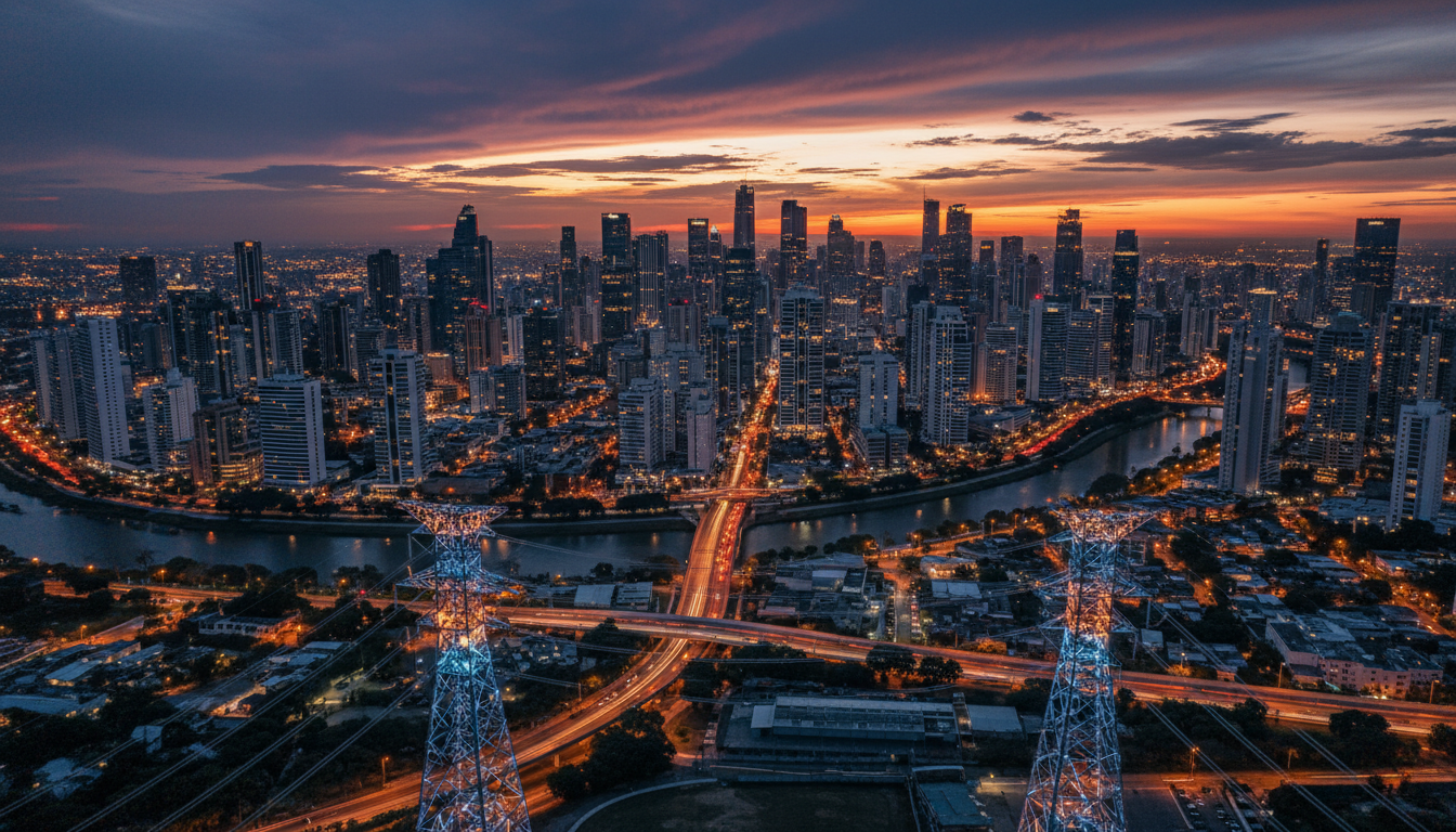 Skyline de ciudad latinoamericana al atardecer con líneas de transmisión eléctrica, estabilidad energética e inversión inmobiliaria
